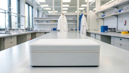 Laboratory setting with a silver box on a table and lab coats hanging in the background.
