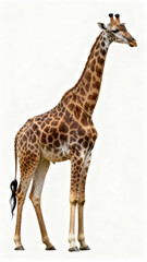 Naklejka premium A giraffe stands confidently, displaying its long neck and beautiful coat of spots. The animal's gentle eyes and elegant posture highlight its calm nature, creating a serene scene