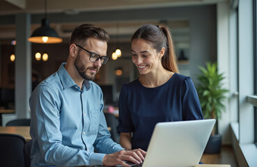 Man and woman collaborate on laptop at desk in modern office. Colleagues review project on computer screen. Teamwork, discussion, business success concept, partnership, casual work environment.