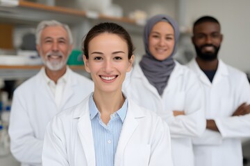 Fototapeta premium Diverse group of scientists in lab coats engaged in research activities Generative AI