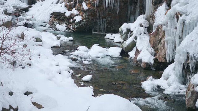 4K slow motion shot of a small water stream besides the frozen Drung waterfall as seen near Gulmarg in Jammu and Kashmir, India. Scenic view of river flowing besides snow in winter season in Himalayas
