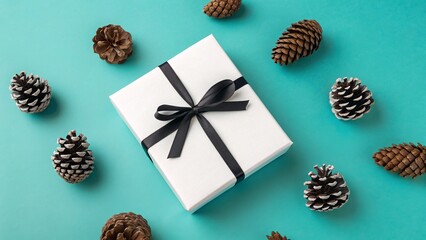 Fototapeta premium Minimal Holiday Gift Box with Pine Cones on Teal Background