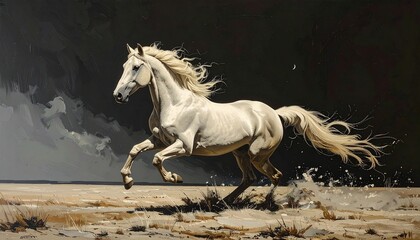 This is a hyper-realistic oil painting depicting a powerful, white horse galloping across a barren, rocky landscape. The horse, with flowing mane and tail, exudes grace and strength, its muscles rippl
