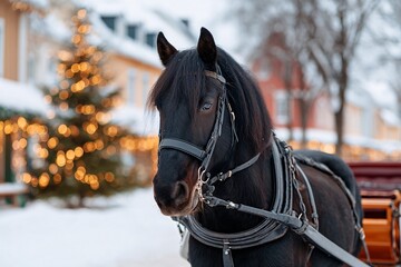 Obraz premium Elegant black horse pulling a vintage wooden sleigh in winter Generative AI