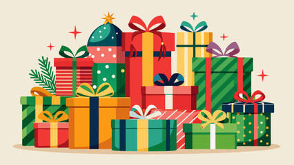 Colorful pile of christmas gifts and presents with festive ribbons and bows