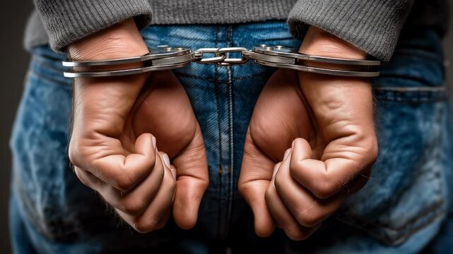 Man with his hands handcuffed behind his back, close up on the cuffs and hands