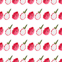 whole and halved pitaya or pitahaya hand drawn watercolor illustration on white background