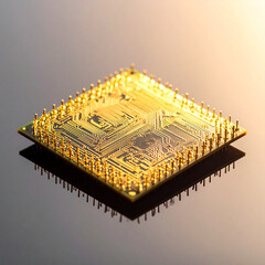 Golden Microchip on Reflective Surface