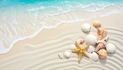 This photograph captures a serene beach scene. In the foreground, a cluster of assorted seashells, including starfish, scallop shells, and conch shells, lies on the pristine, pale beige sand. The shel
