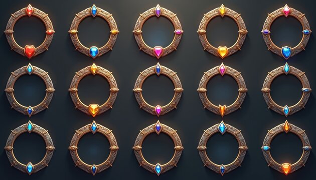 Medieval style silver, gold frames with gems for game UI design. Cartoon set of user interface elements with metal border. Empty circle frames isolated on dark background. Colorful gemstones on frame