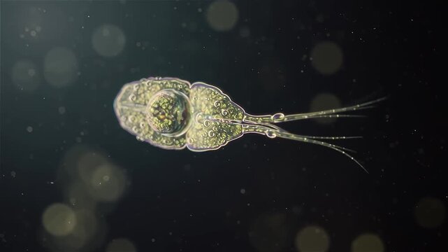 Flagellated Protist Microorganism Swimming with Undulating Flagella in Cinematic Macro