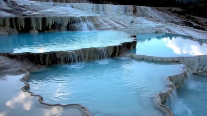 Water Flowing Over White Terraces and Into Blue Thermal Pools