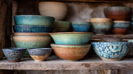 Collection of handmade pottery bowls in various colors and textures