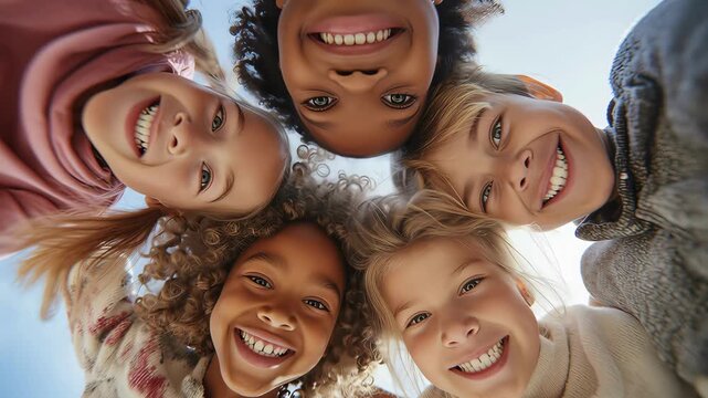 Happy group of diverse children in a huddle looking down at the camera and smiling