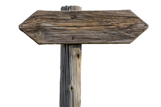 Weathered wooden directional signpost isolated on a transparent background