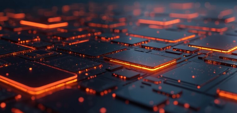 Abstract tech background with glowing orange light on dark circuit board like grid. Digital data flow, futuristic connections. Represents AI, modern computing, cyber world, neural networks, big data