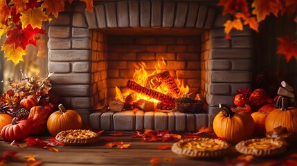 Obraz premium Cozy Autumn Fireplace Still Life with Seasonal Decor and Homemade Treats