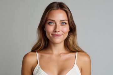 Obraz premium Smiling young woman with long hair in white top, showing natural beauty and healthy glowing skin. Clean and confident portrait in bright studio lighting.