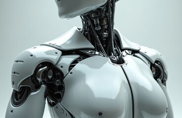 Humanoid robot torso with complex mechanical structure and white armor plating. Advanced android body with exposed wires and metal joints. Futuristic automaton design for tech concepts.
