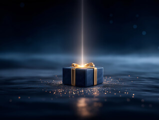 Luxuriöse Geschenkbox mit goldenem Band und mystischem Lichtstrahl in dunkler nächtlicher Atmosphäre