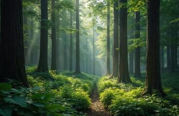Fototapeta premium Path winds through dense green forest with tall trees. Morning sunbeams stream through misty air, illuminating vegetation. Magical woodland landscape peaceful, serene. Trail invites tranquil walk in