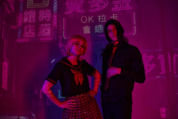 Electric Tokyo vibes nightscape with youthful Anime duo portraits