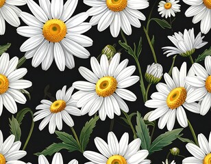 A pattern of white daisies with yellow centers against a dark backdrop