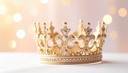 Regal gold crown displayed on pristine white table precious gold crown gleams signifying wealth status
