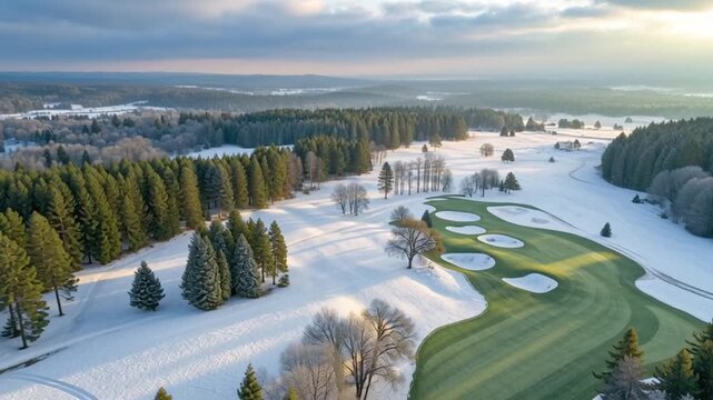Winter golf course drone view with snow covered pine trees, green fairway, sand bunkers, peaceful landscape bathed in soft sunlight, showcasing scenic contrast of white snow and vibrant greenery