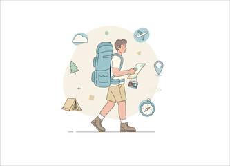 A male traveler or adventurer backpacking journeys walking purposefully. He is carrying a large, light-blue backpack and holding a paper map to check his route.