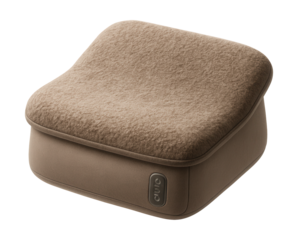 A heated footrest for warmth and comfort in a cool basement entertainment space.