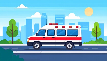 Fototapeta premium Ambulance Driving on City Street with Buildings and Sunlight