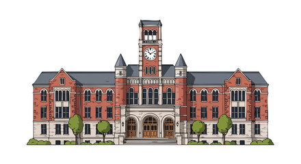 Illustration of a grand brick building with a clock tower evoking education and tradition