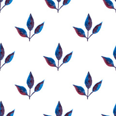Obraz premium seamless pattern of blue purple turquoise leaves, hand drawn watercolor elements, isolated on white background