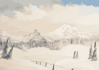 Beautiful winter landscape with a lake, forest and mountains, seasonal or holiday greetings background, vector illustration