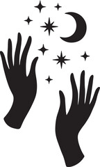 Graceful hands silhouette with five fingers releasing stars and moons into night sky.