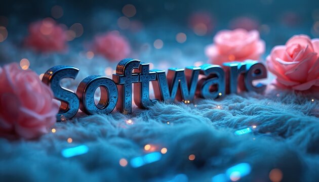 Metal text spelling Software sits on fluffy blue surface. Pink roses and bokeh lights add soft detail to artistic composition. Tech concept with romantic elements. Data, code, digital world.
