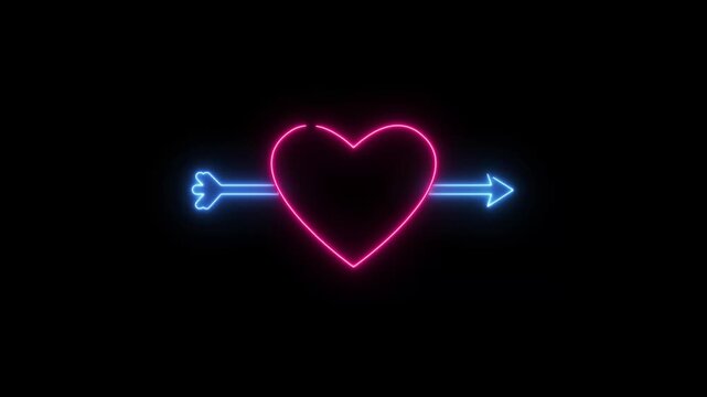 Neon glowing love shape heart with arrow. love neon icon. effect geometric shape and animation on black background .