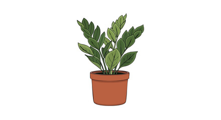 Fototapeta premium Stylized depiction of a zamioculcas zamiifolia plant in a terracotta pot on a white background simple and clean presentation