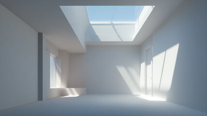 Obraz premium Minimal indoor space with white walls, sunlight through skylight