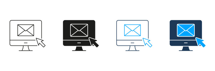 Computer Monitor With Email And Cursor Line And Solid Icon Set. Digital Communication And Online Messaging Symbol Collection. Email Notification And Internet Browsing. Isolated Vector Illustration