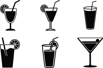 Cocktail and Beverage Glass Silhouette Vector Icons Set