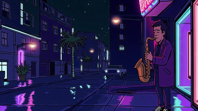 Musicien jouant du saxophone sous les n&eacute;ons d&rsquo;une rue nocturne