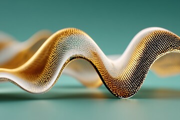 Sculptural golden wave form with micro texture under soft teal studio light.

