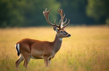 Fototapeta premium Male roe deer stands in a field of tall grass. Roe buck with large antlers looks at a distance against blurred forest background. Brown deer with white tail in a meadow.