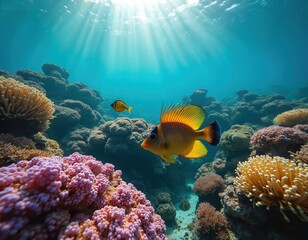 Obraz premium Colorful fish swim near coral reef in clear blue ocean water. Sunlight shines through the surface. Coral formations are pink and yellow. Fish have vibrant orange and yellow scales.