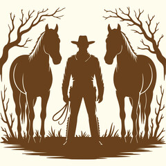 Silhouette of a Cowboy Standing Between Two Horses in a Stylized Western Landscape