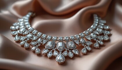Expensive diamond necklace with clear gems on satin fabric. Ornate jewelry piece sparkles under light. This luxury accessory suggests wealth and elegance for special events.