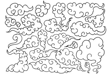 和風の雲アイコンセット｜モノクロ瑞雲・中華風デザイン・装飾素材
