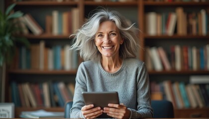 Mature woman with silver hair smiles using tablet in cozy office. Appears confident, intelligent surrounded by books. Image represents wisdom, modern lifestyle blending tradition with technology.